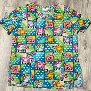 White Cross Cats Hearts Print‎ Scrub Top Fun Novelty V Neck Short Sleeve